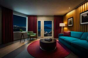 a modern hotel room with a blue couch and a view of the mountains. AI-Generated photo