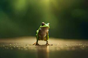 a frog is standing on a dark surface. AI-Generated photo