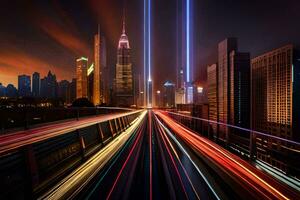 un largo exposición foto de un ciudad a noche. generado por ai