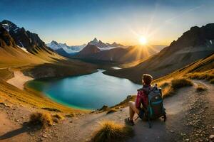 a man with a backpack sits on the edge of a mountain overlooking a lake. AI-Generated photo