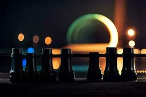 a group of black chess pieces on a table. AI-Generated photo