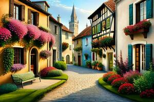 a street with colorful flowers and a bench. AI-Generated photo