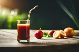 a glass of juice with a straw on a table. AI-Generated photo