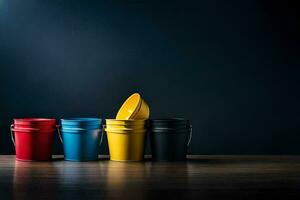 four colorful buckets on a dark background. AI-Generated photo