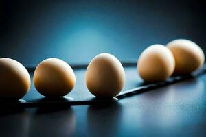five eggs are lined up on a black surface. AI-Generated photo