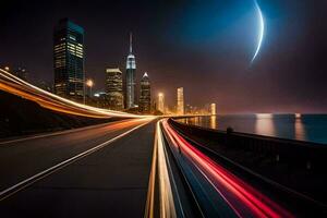 un largo exposición foto de un ciudad horizonte y un Luna. generado por ai