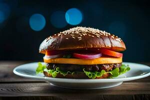 a hamburger is sitting on a plate with a blue background. AI-Generated photo