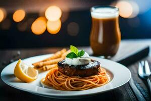 a plate of spaghetti with a lemon wedge and a cup of beer. AI-Generated photo