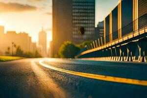 un ciudad calle con un puente y edificios en el antecedentes. generado por ai foto