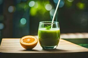 a glass of green juice with a straw. AI-Generated photo