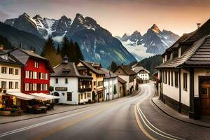 a street in the alps with mountains in the background. AI-Generated photo