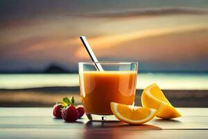 the juice is on the table with a straw and a slice of orange. AI-Generated photo