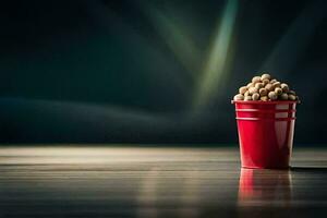 a red cup filled with peanuts sitting on a table. AI-Generated photo