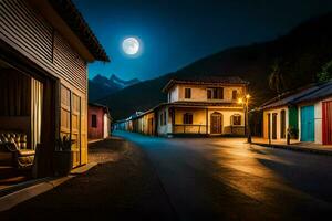 a street at night with a full moon. AI-Generated photo