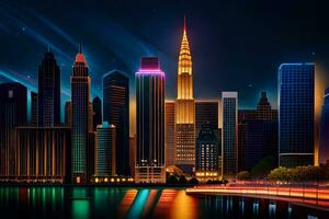 a city at night with lights and buildings. AI-Generated photo