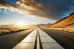 a long road with the sun setting behind it. AI-Generated photo