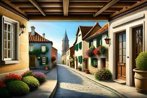 an artistic painting of a street in a small town. AI-Generated photo