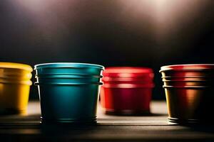 four colorful plastic cups on a table. AI-Generated photo