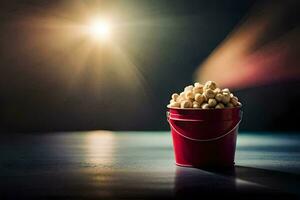 a bucket of popcorn on a table in front of a bright light. AI-Generated photo