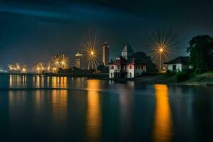 un faro y un casa en el agua a noche. generado por ai foto