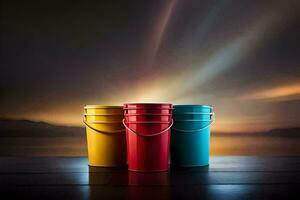 three buckets sitting on a wooden table with a sunset in the background. AI-Generated photo