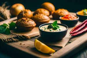 a wooden cutting board with a bowl of dip and bread. AI-Generated photo