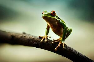 a frog sitting on a branch with a blurry background. AI-Generated photo