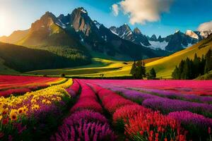 un hermosa campo de flores con montañas en el antecedentes. generado por ai foto