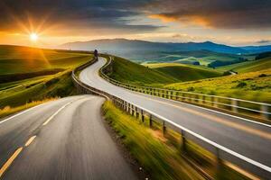 a winding road in the mountains with the sun setting. AI-Generated photo