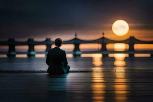 un hombre sentado en el muelle acecho el Luna elevar. generado por ai foto