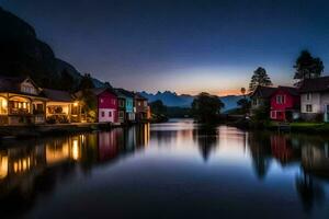 colorful houses on the river at dusk. AI-Generated photo