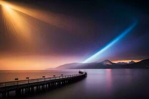 a pier with a light shining over it. AI-Generated photo