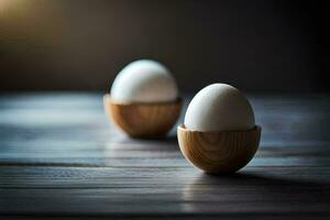 dos huevos en de madera bochas en un mesa. generado por ai foto