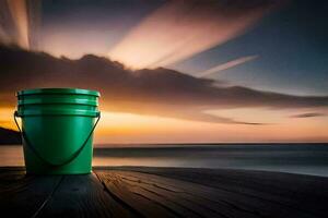 a green bucket sits on a wooden deck overlooking the ocean. AI-Generated photo