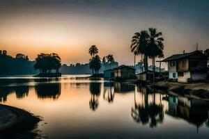 un lago con casas y palma arboles a puesta de sol. generado por ai foto