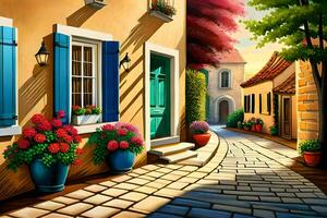 an oil painting of a street with flowers in pots. AI-Generated photo