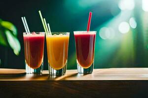three glasses of juice with straws on a wooden table. AI-Generated photo