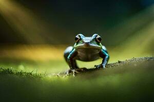 a frog is sitting on a moss covered surface. AI-Generated photo