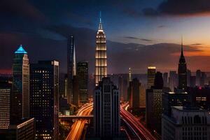 el ciudad horizonte a oscuridad con el petronas torre en el antecedentes. generado por ai foto