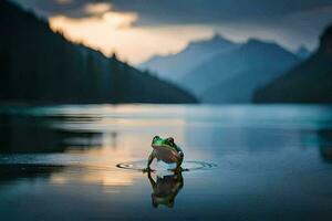 a frog standing on the edge of a lake. AI-Generated photo