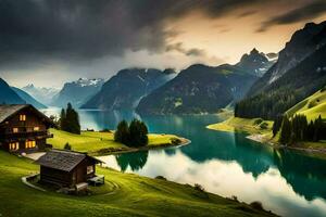 el casa en el lago. generado por ai foto