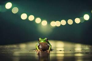 un rana sentado en un de madera piso en frente de un ligero. generado por ai foto