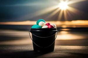 a bucket filled with colorful balls on the beach. AI-Generated photo
