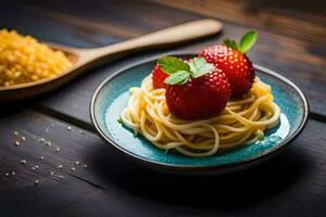 spaghetti with strawberries and mint leaves on a wooden table. AI-Generated photo