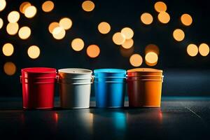 three colorful plastic cups on a table with bokeh lights. AI-Generated photo