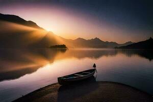 the boat on the lake at sunrise. AI-Generated photo