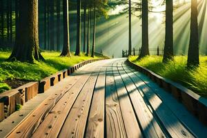 wooden path in the forest with sun rays. AI-Generated photo