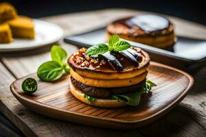 a hamburger on a plate with a slice of bread. AI-Generated photo