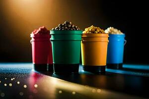 three buckets of popcorn on a table. AI-Generated photo
