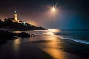 un faro es visto en el distancia a noche. generado por ai foto